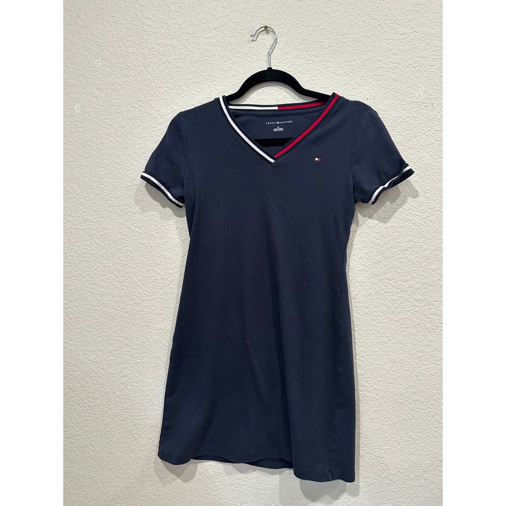 Tommy‎ Hilfiger Womens Navy Blue V-Neck T-Shirt Dress Signature Trim PS